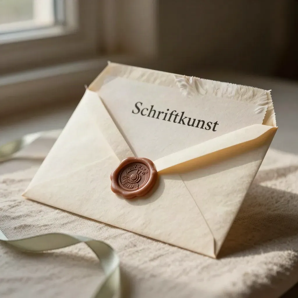 Cremekuvert mit Wachssiegel und sagegrünem Band, halb geöffnet auf weichem Leinen.