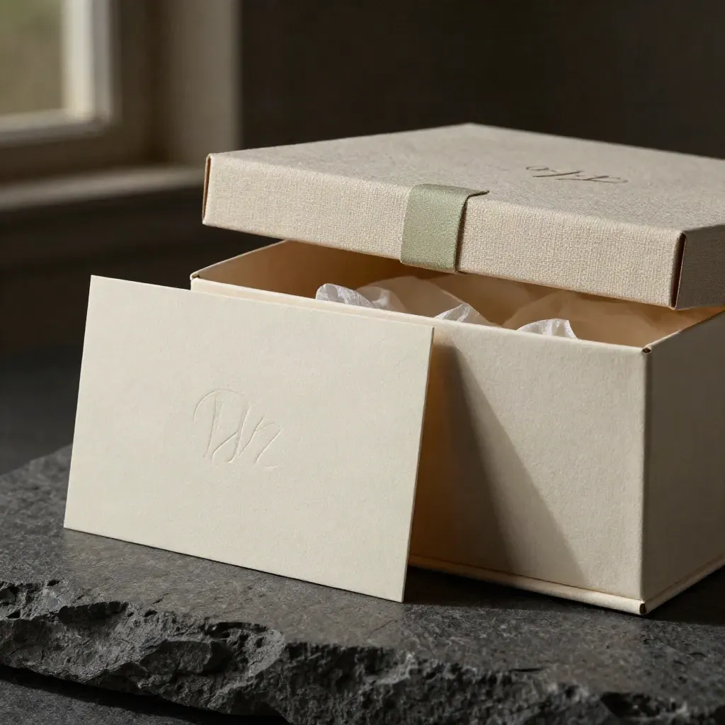 Halboffene Geschenkbox mit Monogramm, Seidenpapier und Karte auf dunklem Steinsockel